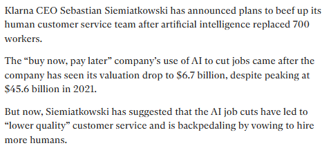 Klarna removing 700 workers with AI didn't work out.